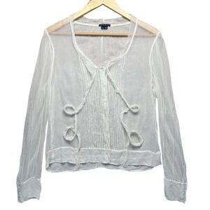 Theory Sheer Ivory Pleated Tie Front Long Sleeve Blouse Top‎ Women's Large